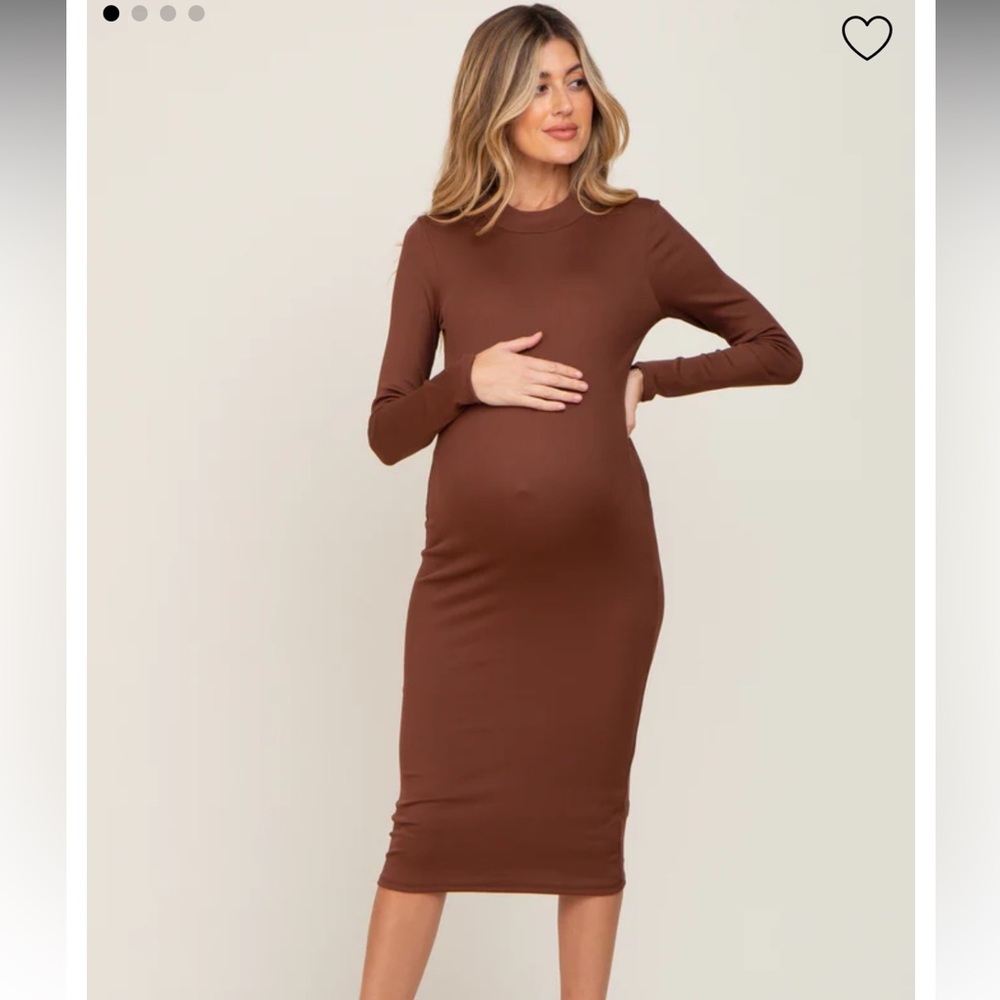 Brown Ribbed Mock Neck Maternity Dress